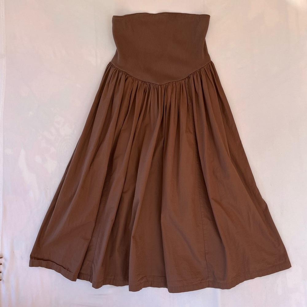 Anthropologie Brown Strapless Mini Dress Large Cotton‎ Boho Indie Quiet Luxury - Picture 3 of 11
